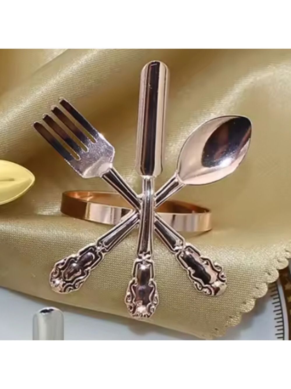 Dinnerware metal napkin rings with fork, knife and spoon. Set of 6